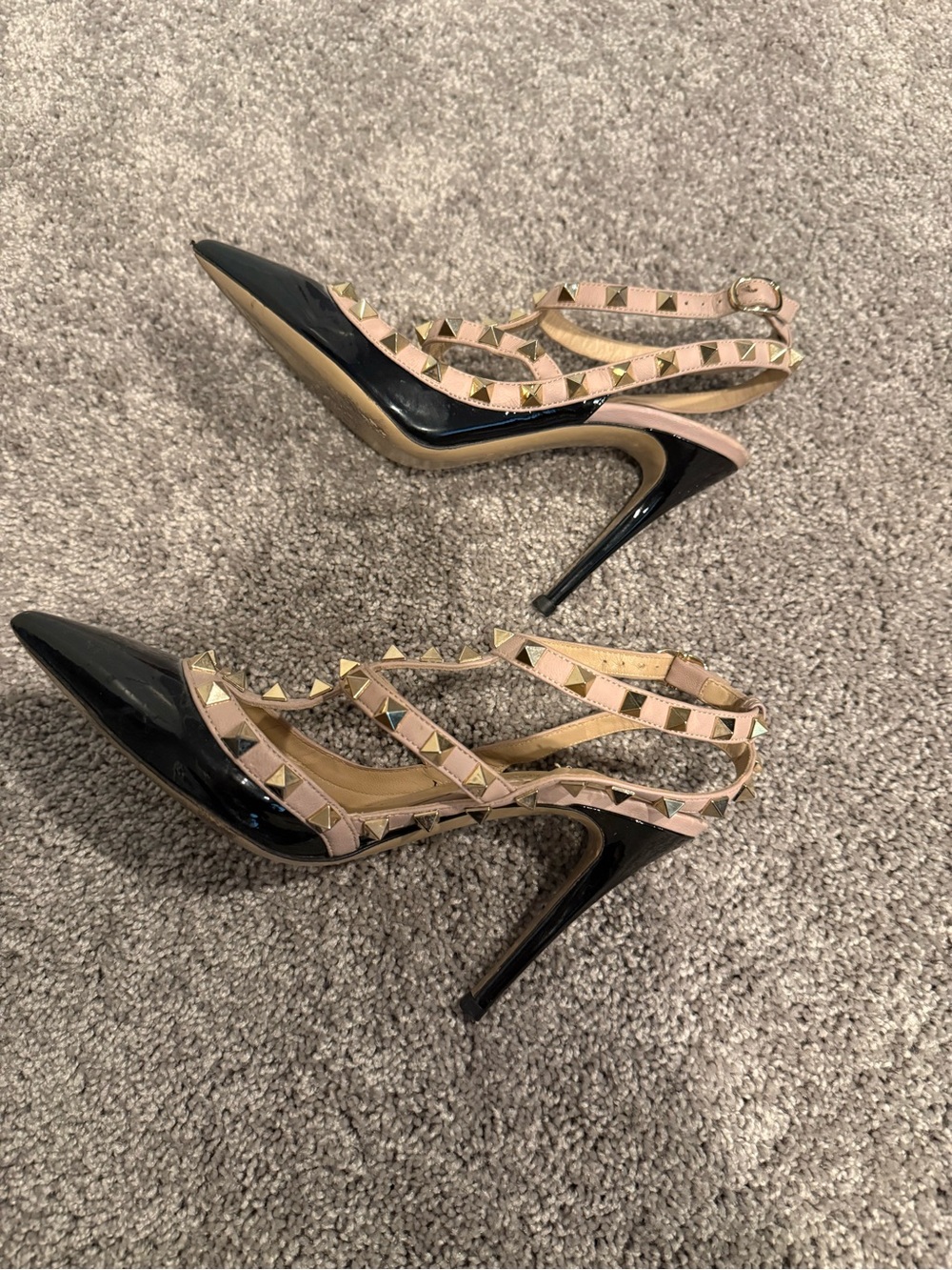 Valentino Garavani Black Patent Pointed-Toe Studded Strappy Heels with Pink Trim